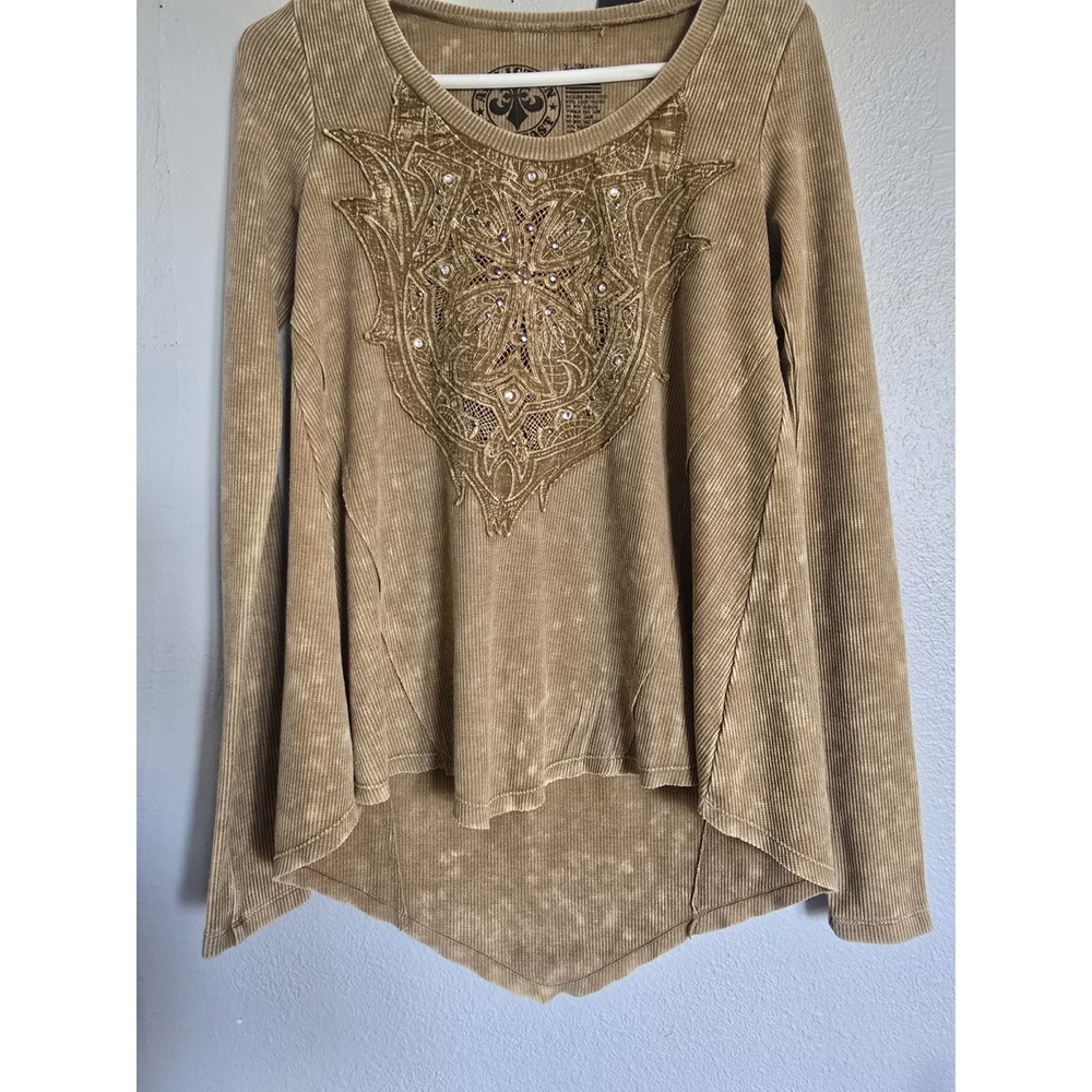 NWT Affliction Womens‎ Long Sleeve Top Embellished Graphic Tunic Shirt Sz XS